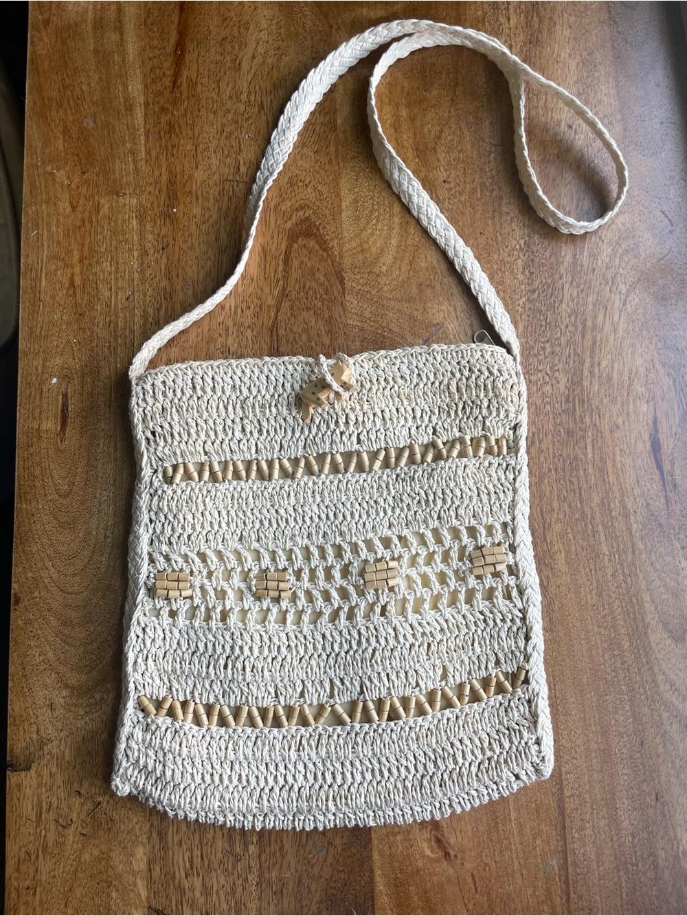 Unbranded Cream Crochet Crossbody Bag with Wooden Bead Details
